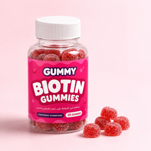 GUMMY Biotin Gummies — flacon rose et gummies rouges